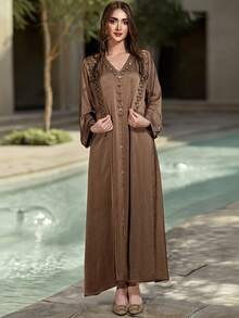 Layrah Luxury Elegant Party V-Neck Rhinestone Decor Sleeveless Dress And Arabic Robe Set - Brown - View 6