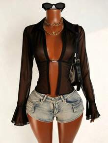 Mistrie Áo kiểu nữ tay loe xuyên thấu màu đen gợi cảm, thích hợp cho kỳ nghỉ hè, kỳ nghỉ xuân, du lịch, kỳ nghỉ dành cho nữ, kỳ nghỉ hè, kỳ nghỉ dành cho nữ, kỳ nghỉ, kỳ nghỉ hè, kỳ nghỉ biển dành cho nữ. - màu đen - Xem 1