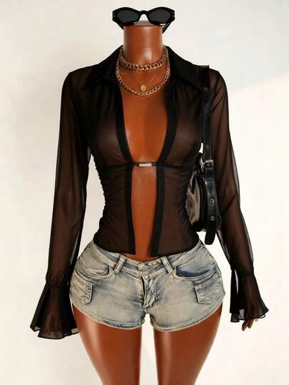 Mistrie Women's Sexy Sheer Black Mesh Flare Sleeve Blouse , Summer Holidays , Spring Breaks , Vacations , Holidays For Women, Summer Holidays , Vacations For Women Vacation , Holiday, Summer Vacation , Beach Vacations For Women