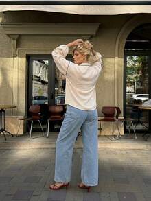 Dripcurv 女士加大码白色长袖复古风衬衫，休闲百搭，撞色滚边设计，适合日常休闲穿着和度假穿着。 - 卡其色 - 查看 2