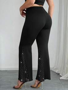 Chikora Plus Size Stretchy Lace Patchwork Flare Leg Black Pants - Black - View 10