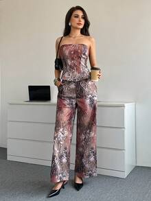 Modelyn Women's Leopard Print Single-Breasted Camisole Top And Pants Fashion 2 Pieces Set - Brown - View 2