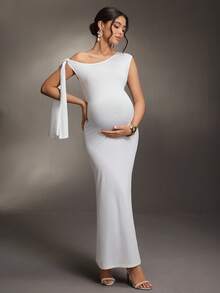 Cheriluna Maternity Pregnant Women's Asymmetric Shoulder Tie Ruffle Slit Elegant Maternity Dress, Pure White - White - View 1