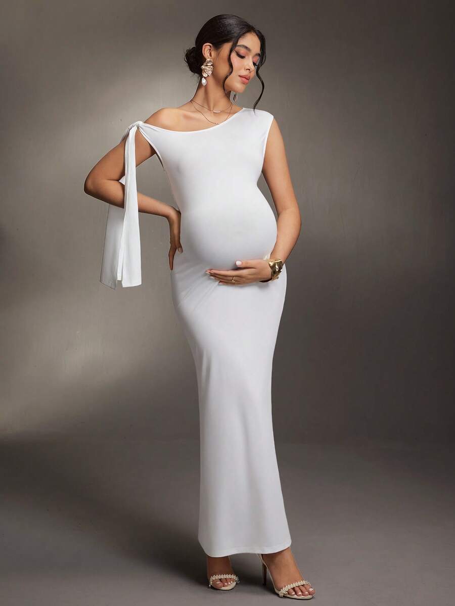 Cheriluna Maternity Pregnant Women's Asymmetric Shoulder Tie Ruffle Slit Elegant Maternity Dress, Pure White - White - View 1
