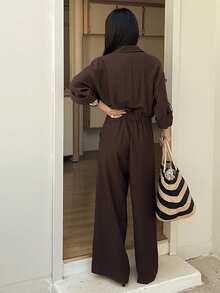 DAZY Women's Loose Solid Color Long Sleeve Collared Shirt & Wide Leg Casual Jumpsuit, Spring/Summer Jumpsuit For Women Lounge Sets For Women Business Casual Woman - Brown - View 2