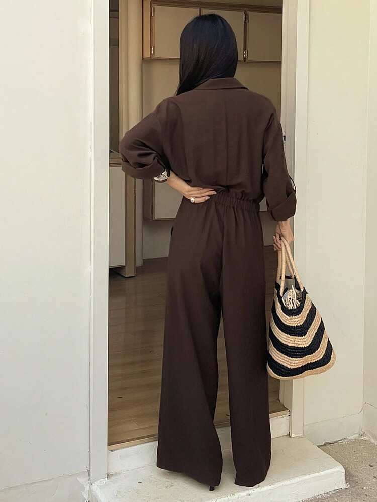 Women's Loose Solid Color Long Sleeve Collared Shirt & Wide Leg Casual Jumpsuit, Spring/Summer Jumpsuit For Women Lounge Sets For Women