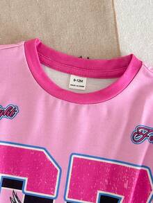 SHEIN 女童简约印花圆领短袖连衣裙 - 深粉 - 查看 3