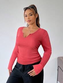 SHEIN EZwear 圣诞红酸洗V领长袖T恤，大码女款/冬季款 - 紅色 - 查看 6