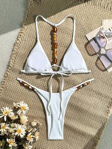 Swim SXY Conjunto de bikini brasileño de mujer con cuello halter, espalda cruzada con cuentas y textura de unicolor, adecuado para vacaciones en la playa, primavera/verano/otoño - Blanco - Ver 6