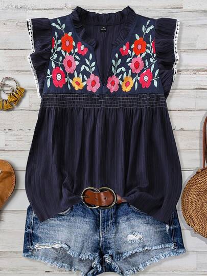 Linhara Plus Size Women Summer Casual Vacation Floral Print Notched Neck Ruffle Trim Blouse Women's Tops And Blouses Boho Tops For Women Women's Tops For Summer