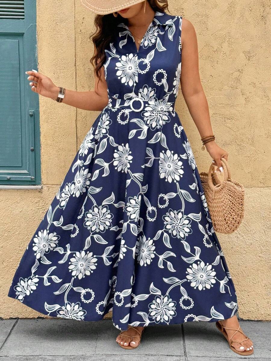 Breezaya 大码女士优雅蓝白花卉印花系带休闲无袖连衣裙 - 藏蓝色 - 查看 1