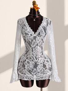 Zestiva 女士夏季新款沙滩度假嬉皮风透视低领迷你连衣裙，波西米亚风度假连体裤 - 白色 - 查看 1