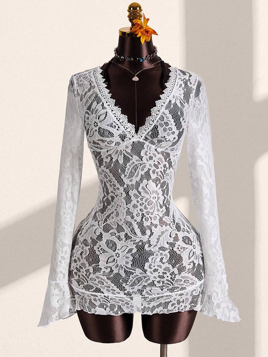 Zestiva 女士夏季新款沙滩度假嬉皮风透视低领迷你连衣裙，波西米亚风度假连体裤 - 白色 - 查看 1