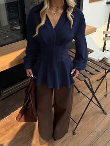 Siren Gaze 女士秋冬新款收腰A字长袖衬衫 - 藏蓝色 - 查看 3