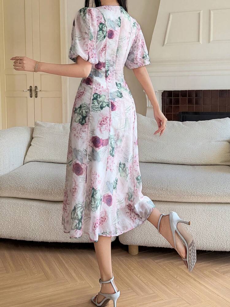 Women's Elegant Floral V-Neck Puff Sleeve Midi Dress, Summer Wedding Guest Dress Sundress Boho