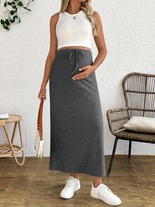 SHEIN Maternity Tank Top And Adjustable Waist Drawstring Fitted Skirt 2 Pieces Set - Grey - View 5