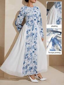 Graceveil Patchwork Floral Print Chiffon Waist Design Fashionable Arabic Style Dress - Blue - View 2