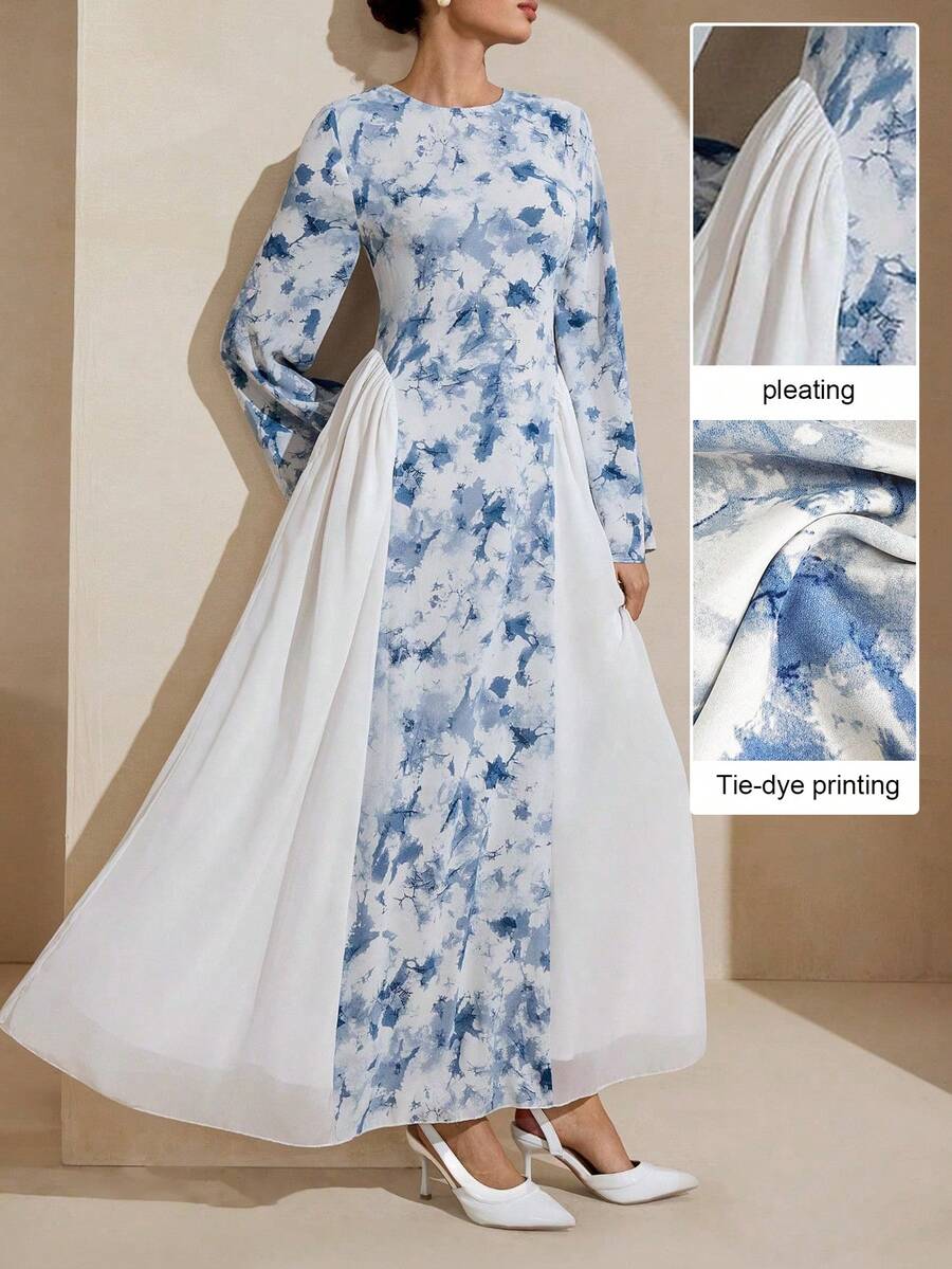 Graceveil Patchwork Floral Print Chiffon Waist Design Fashionable Arabic Style Dress