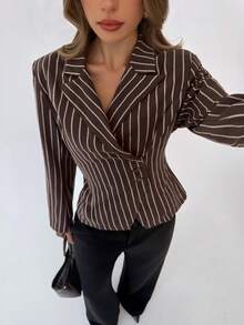 Aloruh Women's Striped Notched Collar Casual Versatile Commuting Office Long Sleeve Blazer - Brown - View 6