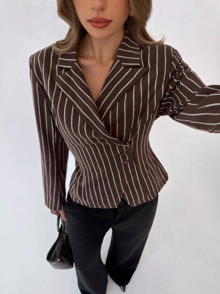 Aloruh Women's Striped Notched Collar Casual Versatile Commuting Office Long Sleeve Blazer - Brown - View 1
