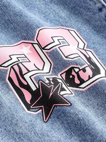 Girlism 少女复古运动撞色街头风牛仔裤，23号数字字母印花宽松版型，适合春夏穿着，街头风，复古风，舒适百搭，秋季叠穿，时尚童装，千禧年代风格，Y2K风，韩版风格，户外野餐，街头风，居家，波西米亚风，嬉皮风，音乐节 - 淺色水洗藍 - 查看 3