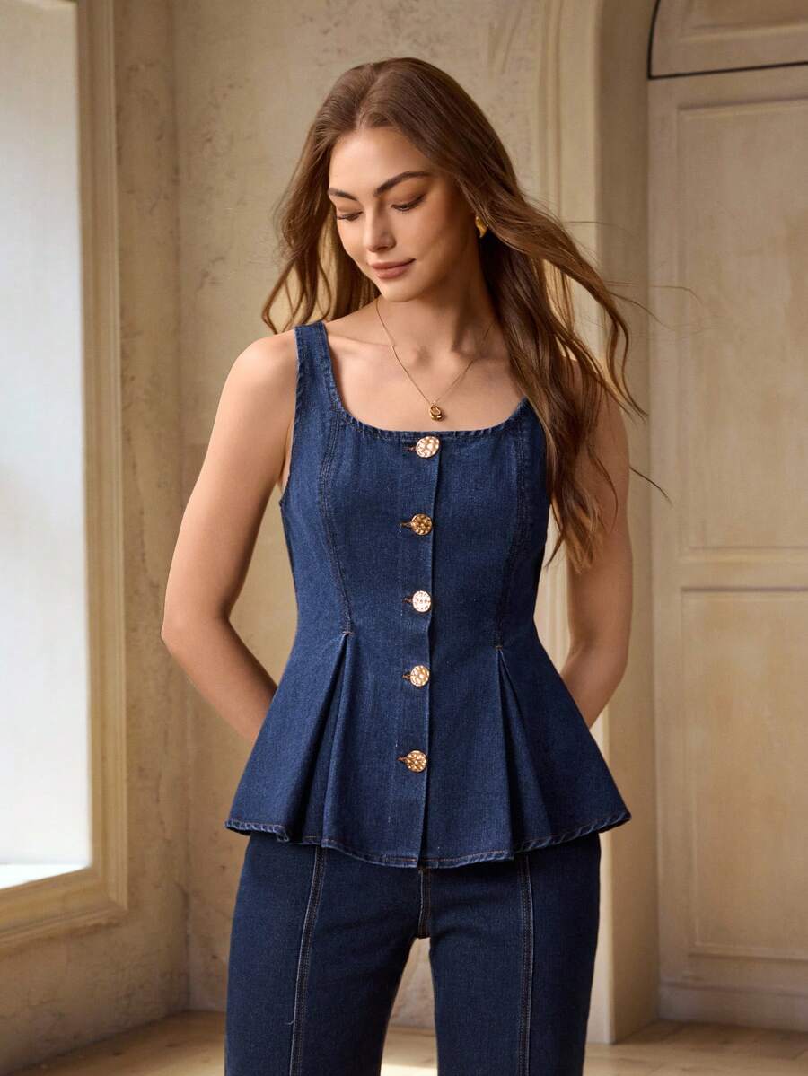 SHEIN Tall 女士方领金属单排扣褶裥下摆无袖牛仔上衣 - 深色水洗藍 - 查看 1