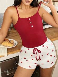 Lowkey Lull 女士纯色吊带背心和心形印花短裤睡衣套装 - 彩色 - 查看 3
