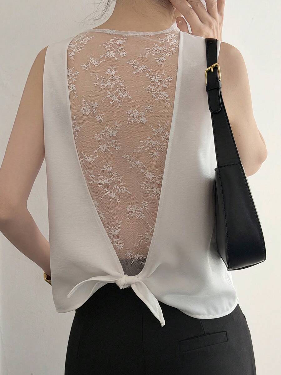 Livesso Women's White Floral Summer Elegant Tea Party Sleeveless Blouse, Spring & Summer Office Wear Hollow Lace Mesh Patchwork Backless Cinched Waist Top - White - View 1