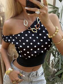 Livesso 波点印花露脐吊带背心，休闲优雅的细肩带背心，适合春季、夏季、休闲、派对、海滩、波西米亚风格等场合。 - 黑色 - 查看 1