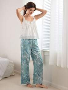 Ocili Leisure Comfortable Casual Camisole Top & Drawstring Waist Soft Cotton Pants Abstract Geometric Pattern Chic Autumn Pajama Set For Women - Pink - View 6