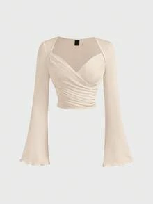 SHEIN MOD 2 chiếc áo thun dài tay nữ màu trơn, kiểu dáng xếp ly, thanh lịch. - màu nâu - Xem 5