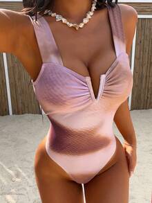 Swim Vcay Women's Ombre Earth Tone Print One-Piece Swimsuit,Soft Summer Colour Palette,Summer,Casual,Beach,Vacation,Holiday,Boho Mesh Metallic Bodysuit - Multicolor - View 5