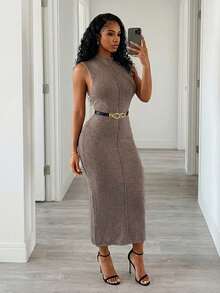 Eryvara Vestido de punto ajustado sin mangas de unicolor para mujer - Marrón - Ver 3