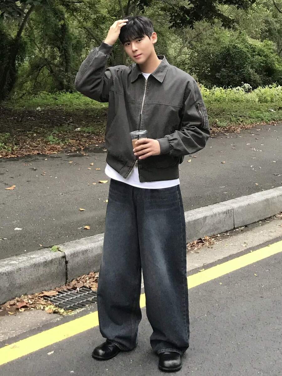 DAZY 男士灰色水洗复古风夹克,春季 - 深灰色 - 查看 1