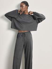 Ocili 2件套舒适柔软竹纤维针织圆领长袖上衣和裤子女士睡衣套装，夏季 - 深灰色 - 查看 5