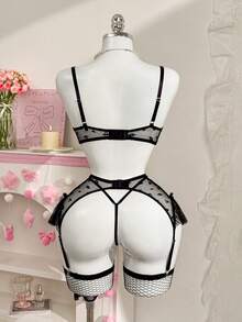 PetitDoll Valentine's Day Women's Sexy Lace Heart Mesh Ruffle Waist Lingerie Set With Stockings, 5pcs - Black - View 2