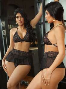 3pcs Sexy Lace Patchwork Lingerie Set - Black - View 1