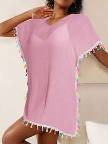 Swim Vcay Đầm nữ dáng rộng cổ chữ V tay cánh dơi với tua rua nhiều màu sắc, thích hợp cho kỳ nghỉ. - Hồng - Xem 3