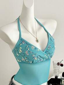 Elamini 女士浅蓝色亮片刺绣网纱吊带背心，性感休闲度假风，春夏款 - 藍色 - 查看 1