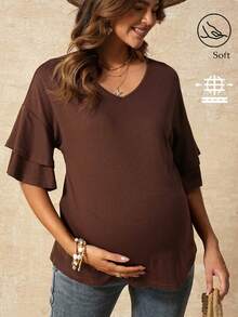 SHEIN Women's Brown Maternity Summer Casual T-Shirt,Bohemian V-Neck Short-Sleeved Ruffled Loose Tops,Babyshower Coffee Brown Shirt Wear - Coffee Brown - View 9