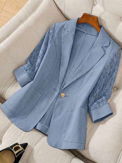 Miaspire بليزر نسائي بياقة لاقطة مع جيب من الدانتيل الشفاف وأكمام متوسطة الطول