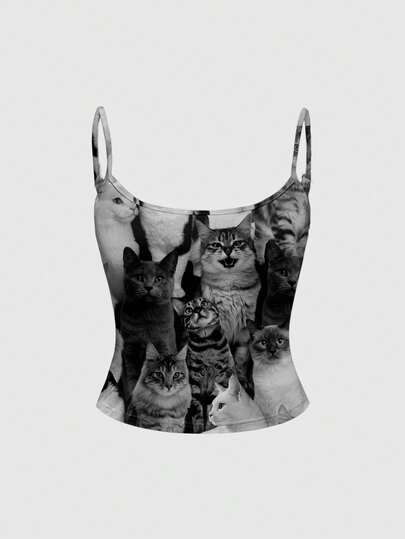 ROMWE Grunge Punk Plus Size Women's Summer Casual Music Festival Punk 3D Cat Print Fitted Camisole