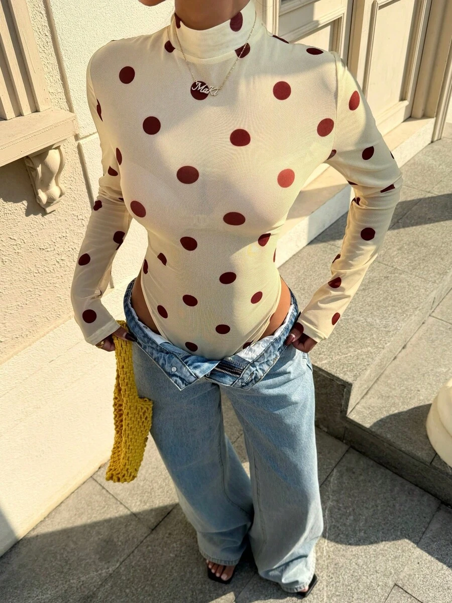 Muchica Women's Polka Dot Print Stand Collar Fitted Long Sleeve Bodysuit - Yellow - View 1