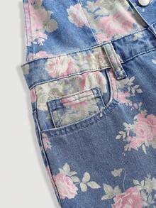 SHEIN 少女款印花蓝色牛仔宽松背带裤 - 中等水洗藍 - 查看 3