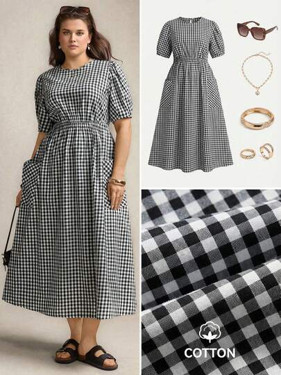 Zelara 大码女式黑白格子长款休闲连衣裙，圆领，短泡泡袖，带口袋