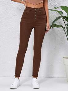 Women's Casual Skinny Denim Jeans - Coffee Brown - View 3