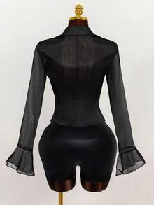 Mistrie Áo kiểu nữ tay loe xuyên thấu màu đen gợi cảm, thích hợp cho kỳ nghỉ hè, kỳ nghỉ xuân, du lịch, kỳ nghỉ dành cho nữ, kỳ nghỉ hè, kỳ nghỉ dành cho nữ, kỳ nghỉ, kỳ nghỉ hè, kỳ nghỉ biển dành cho nữ. - màu đen - Xem 2