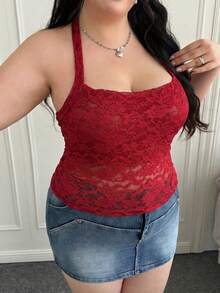 CovetEZ 酒红色加大码女士性感蕾丝吊带背心 - 酒紅色 - 查看 4