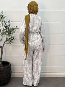 DAZY 2pcs Women Casual Collared Cinched Waist Printed Top And Pants Set - Grey - View 2