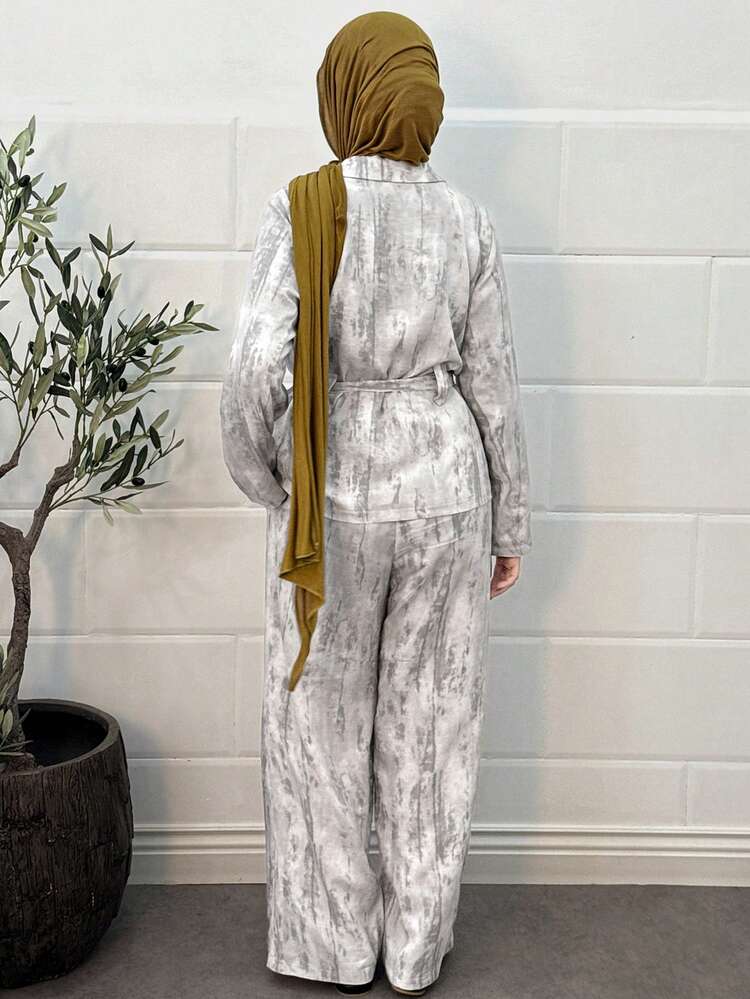 2pcs Women Casual Collared Cinched Waist Printed Top And Pants Set